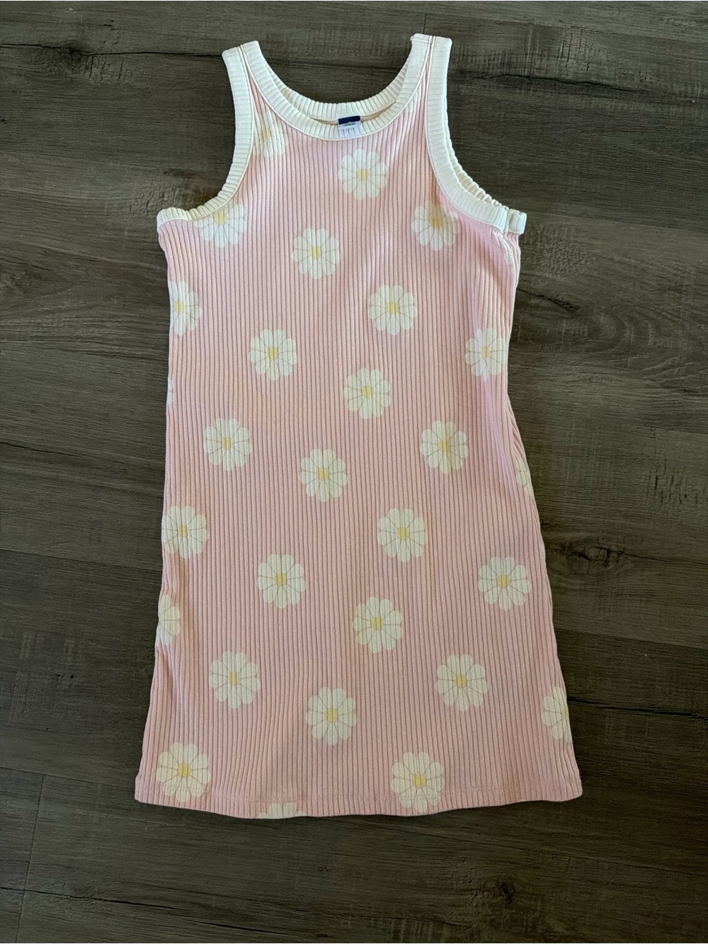 Old Navy Pink Daisy Ribbed Tank Dress with White Trim